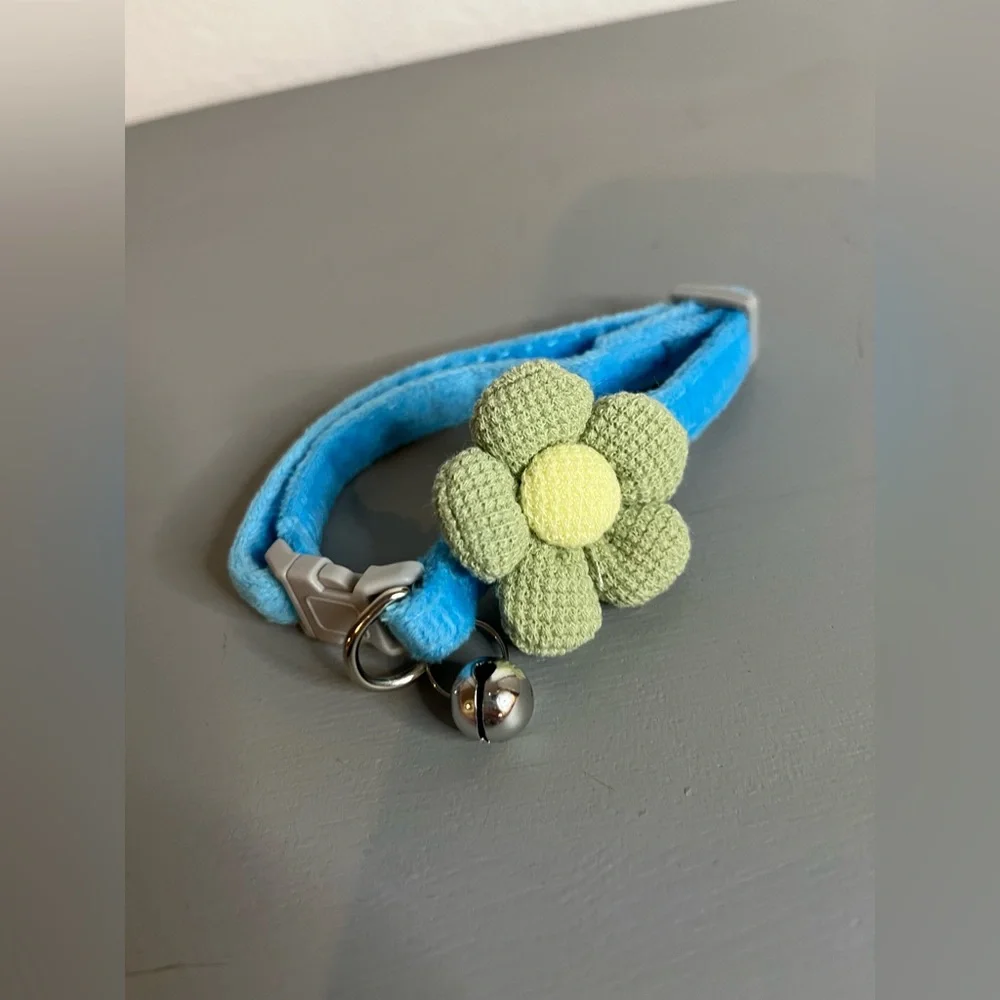 Sky Blue Flower Cat Collar w/ Bell | Soft Velvet Adjustable Breakaway Kitten